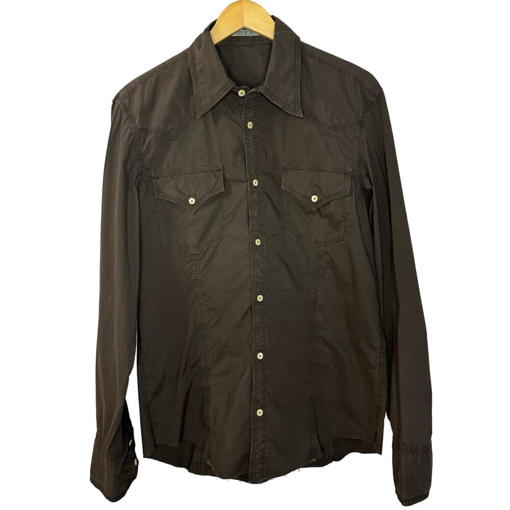 Ari Double Pocket cotton Western Rodeo Style Shirt Raw Hem Brown Men's XL
